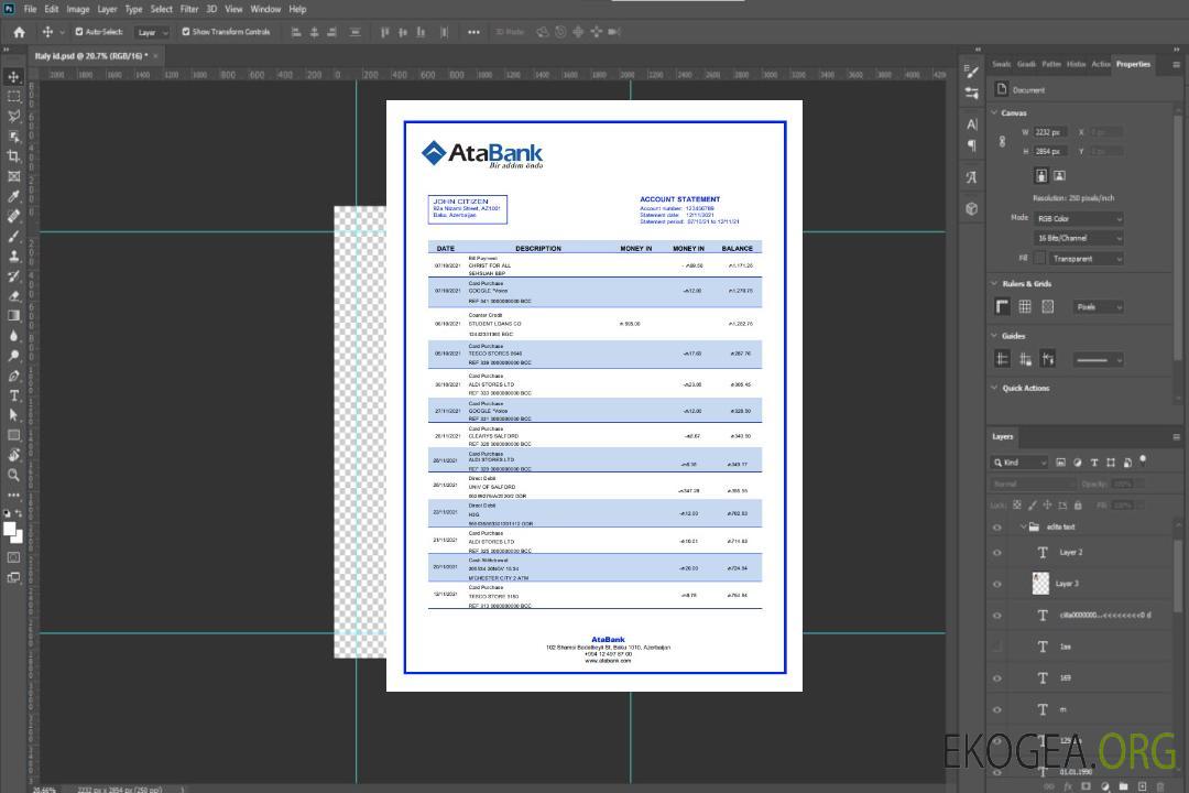 Relevé bancaire AtaBank d'Azerbaïdjan template Relevé bancaire AtaBank d'Azerbaïdjan template